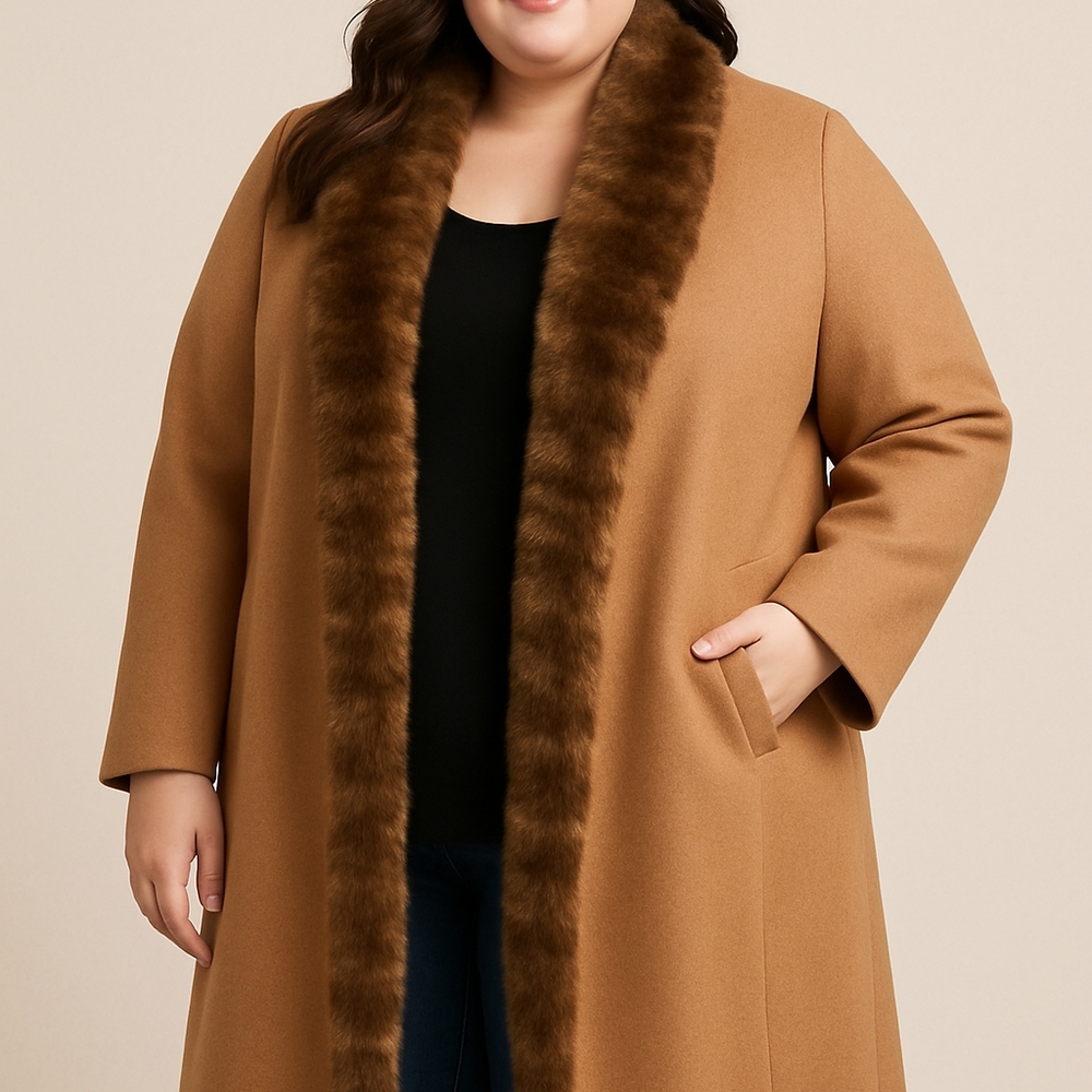 Ashley Stewart Tan Faux Fur Trim Long Coat Plus Size 1X 14/16